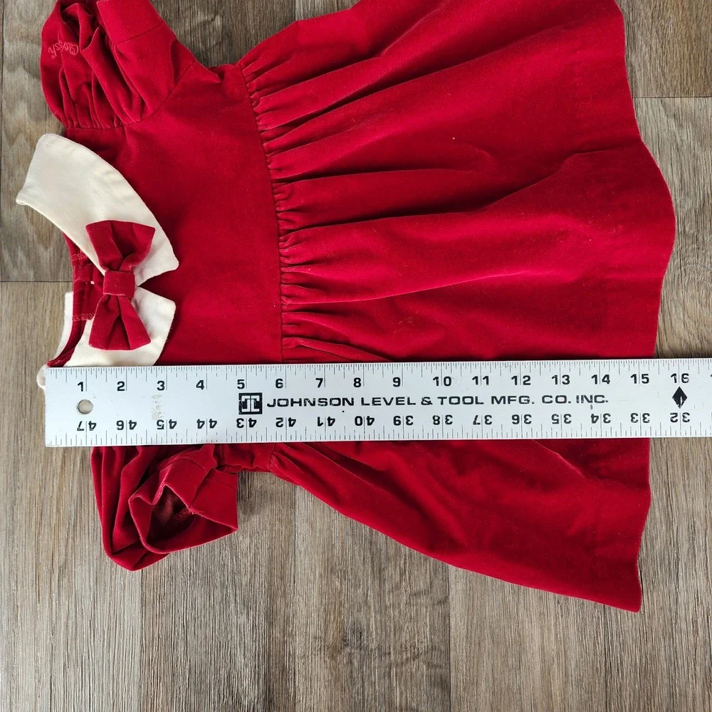 Vintage OshKosh Kids Girls Red Velvet Peter Pan Collar Bow Dress Size 12‎ Months